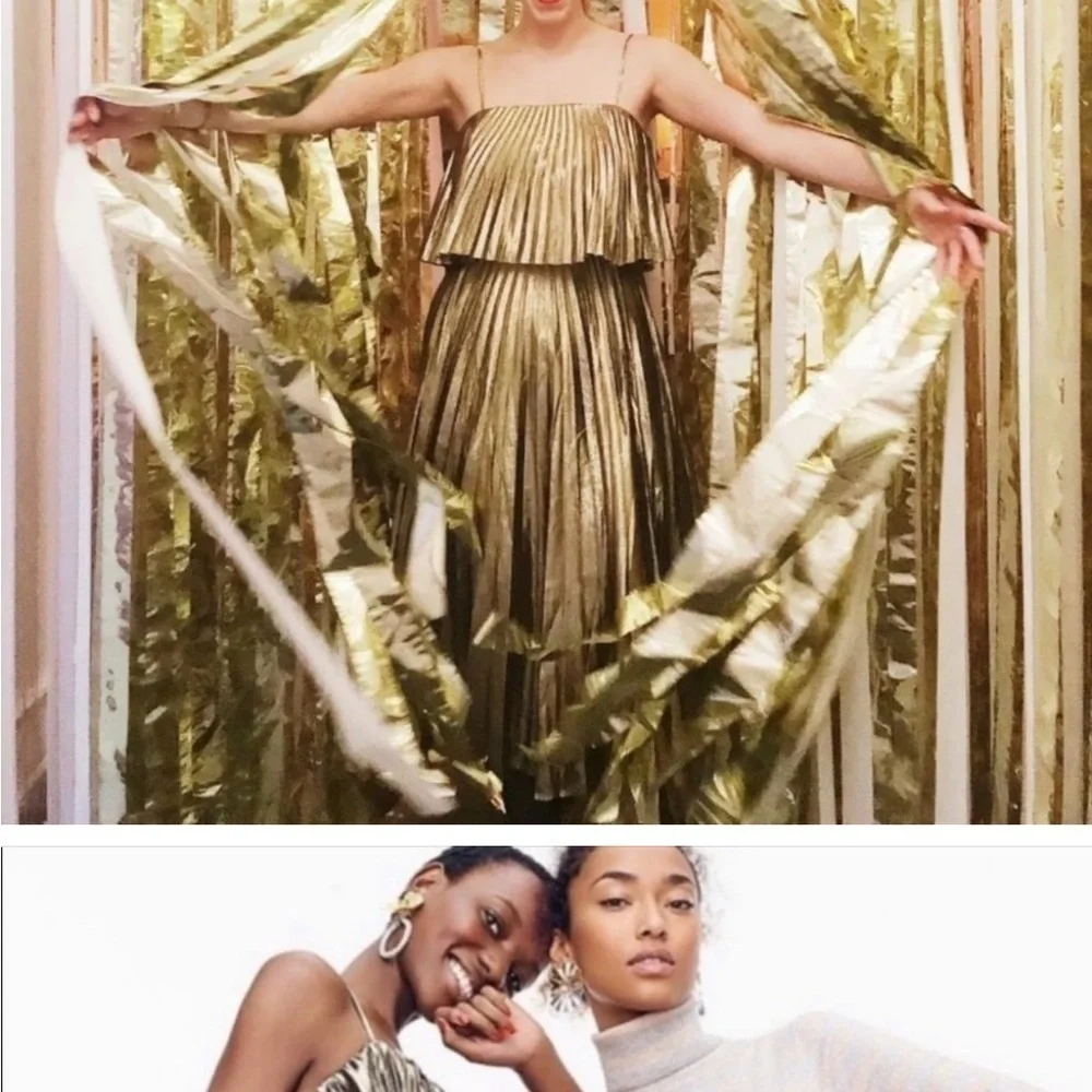 J. Crew / NWT Collection Pleated Gold Lamé Midi Dress Hollywood GLAM FLApper 12